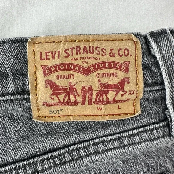 Levi's 501 High Rise Denim Jean Shorts Women Sz 30 Black Gray Distressed Cutoff - Picture 3 of 10